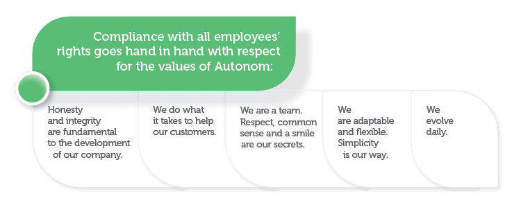 Compliance with all employees’ rights goes hand in hand with respect for the values of Autonom: 